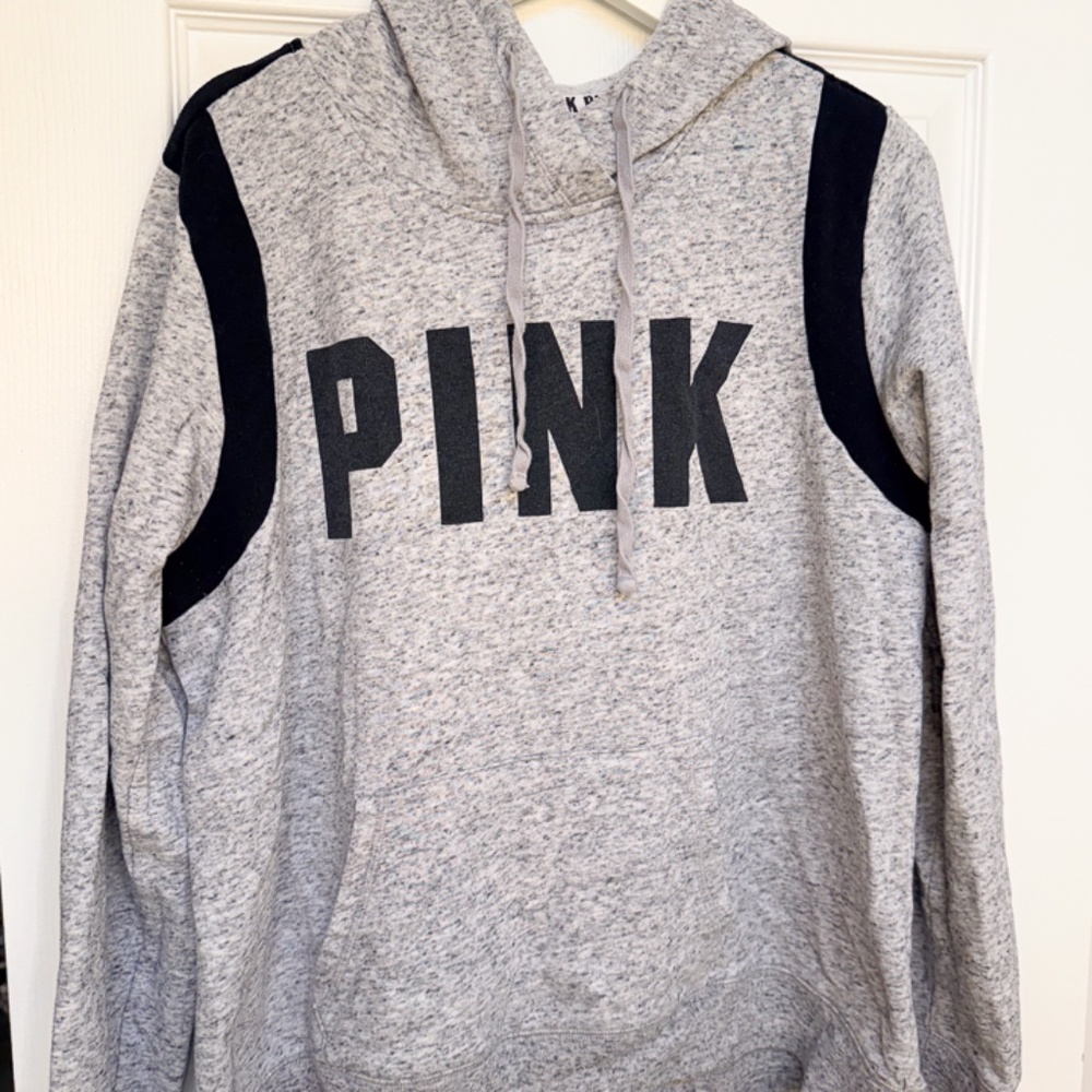 RARE PINK Victoria's Secret Grey and Black Pull Over Hoodie Size L